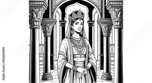 Elegant Queen in Regal Attire - A Portrait of Royalty and Grace in a Palace Setting.