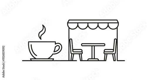 Simple Line Drawing of Coffee and Outdoor Seating.