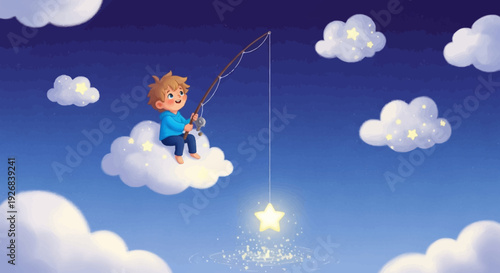 Young Boy Fishing on a Cloud.