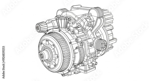 Detailed illustration of an internal combustion engine, showing intricate mechanical components.