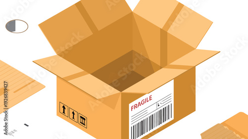 An open cardboard box with a barcode label and packaging materials on a white surface viewed from above