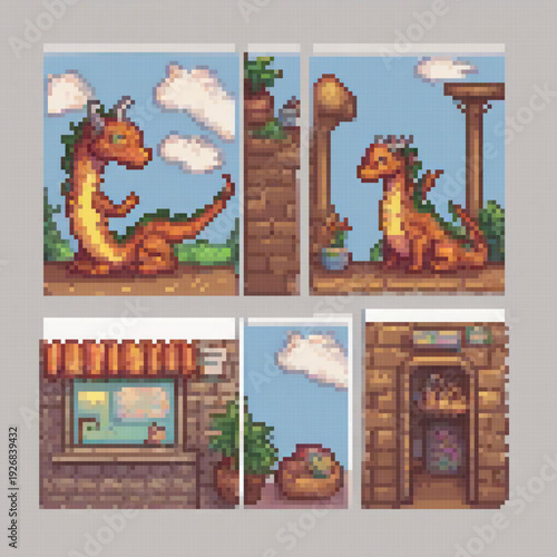 A series of pixel art images featuring a dragon, each with a unique background and foreground details.