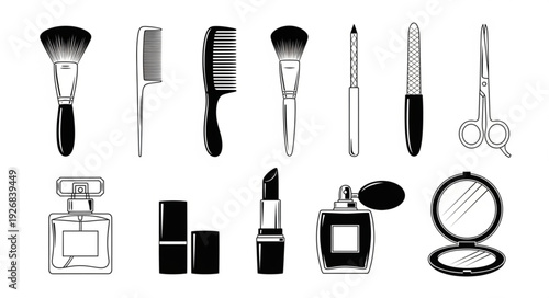 Cosmetics and beauty tools collection, essential items for makeup and grooming.