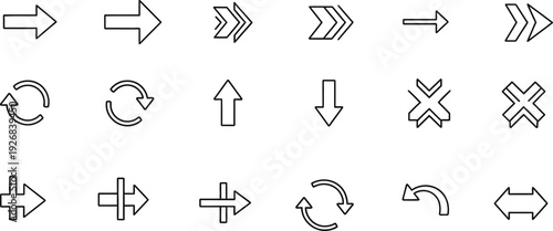 Collection of various thin line arrow icons pointing right, left, up, down and in circles on a white background.