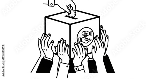 People donating money into a donation box for charity and support.