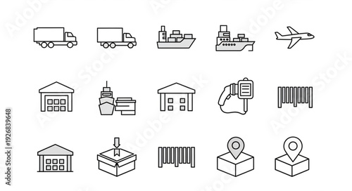 Logistics and transportation icons representing various delivery methods and storage facilities.