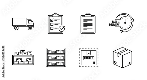 Logistics and delivery icons representing transportation, shipping, and storage processes.