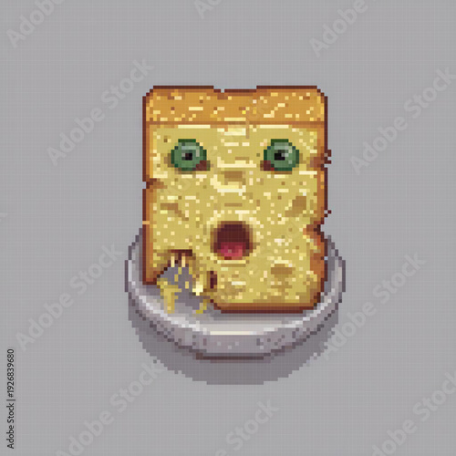 A pixel art image of a toasted bread with a green face, green eyes, and a mouth, possibly indicating it's eating.