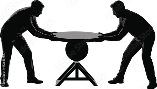 Two men moving round table silhouette, professional movers carrying heavy furniture for home relocation and interior design