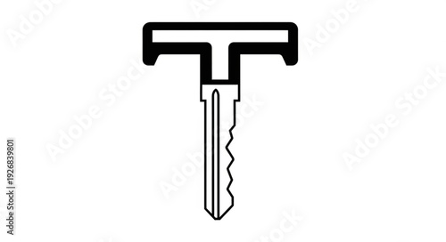 Detailed illustration of a key with a unique T-shaped handle and intricate teeth.