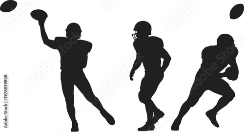 American football player silhouette set with quarterback throw, running back action and athletic sport poses isolated black vector illustration collection