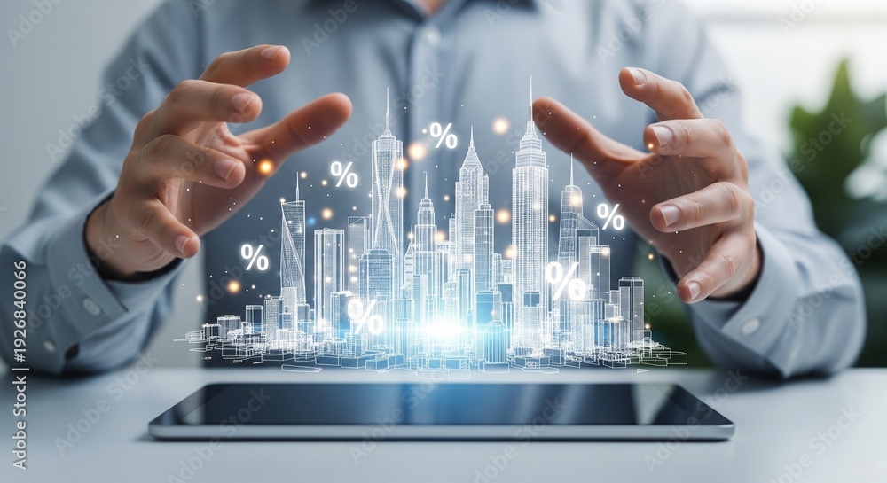 Fototapeta premium Digital Cityscape Hologram with Percentage Symbols Emerging from Tablet Screen, Futuristic Financial Technology Concept