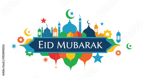 Eid mubarak celebration graphic with crescent moon stars and colorful lanterns