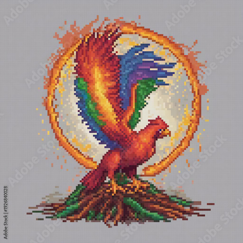 A pixel art image features a vibrant, multi-colored bird perched on a tree trunk, with a fiery circle surrounding it.