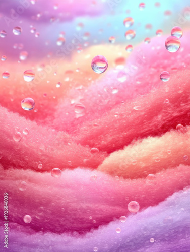 Pastel cotton candy texture with water drop, sweet fantasy cloud, dreamy background, soft abstract art