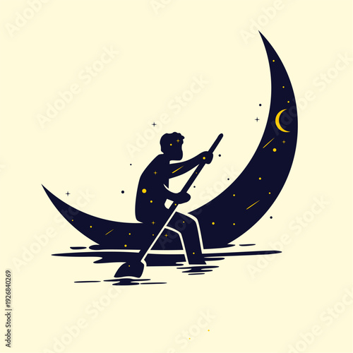 Man rows a boat on the moonlit sea