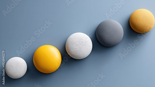 Minimal sphere pattern abstract gradient, yellow sphere, grey sphere, blue background wall, modern design calm mood