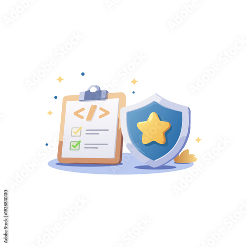 Code Security Checklist With Shield Protection Concept Flat Vector Illustration. Software Development Quality Assurance And Cyber Security Audit Symbol Design