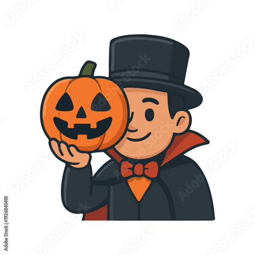 Vampire man holding jack o lantern pumpkin. Smiling dracula character with halloween pumpkin.