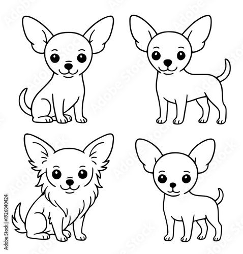 Dog icons, 4 vector illustrations of chihuahuas, with outline design style
