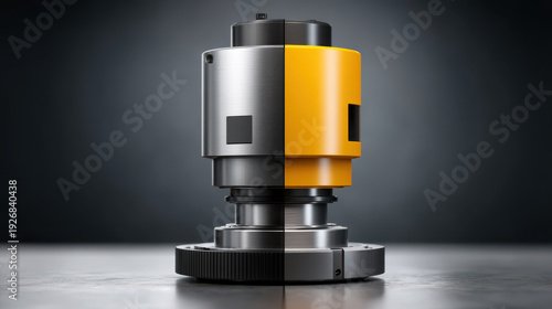 Industrial tool metal yellow mechanical precision engineering gear technology product fusion concept on reflective surface