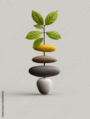 Balanced stone stack leaf zen meditation nature minimal sculpture design wellness harmony concept growth balanced stone stack