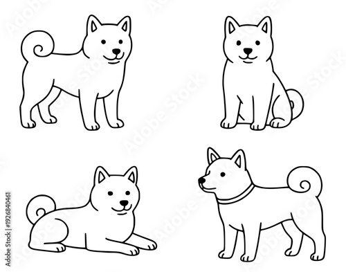 Dog icons, 4 vector illustrations of shiba inu, with outline design style