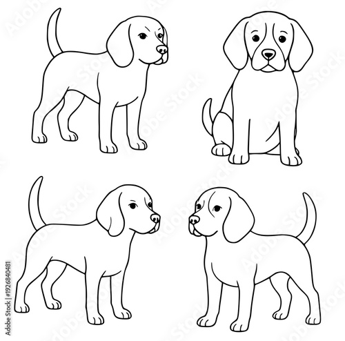 Dog icons, 4 vector illustrations of beagles, with outline design style