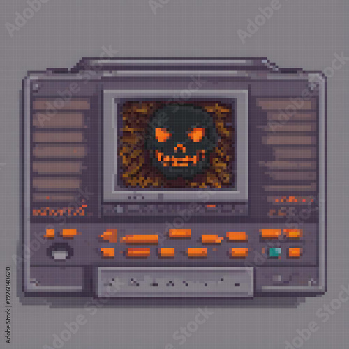 A vintage TV screen displays a skull with glowing eyes, set against a grainy background.