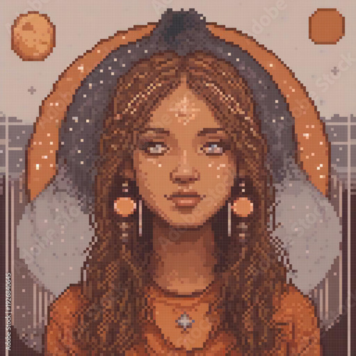 A woman with long brown hair, wearing orange and gold accessories, stands in front of a celestial background with stars and a moon.