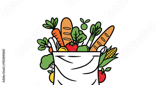 Eco-friendly grocery bag with fresh organic vegetables, fruits and bread baguette isolated on white background