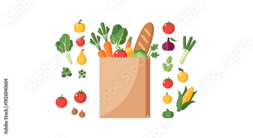 Paper Grocery Bag with Fresh Organic Vegetables and Fruits Flat Vector Illustration