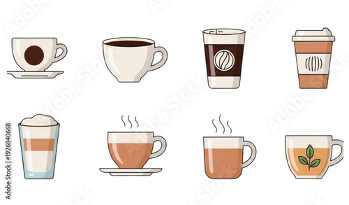 Coffee and Tea Cup Outline Icon Collection Monoline Beverage Symbols Editable Stroke Vector