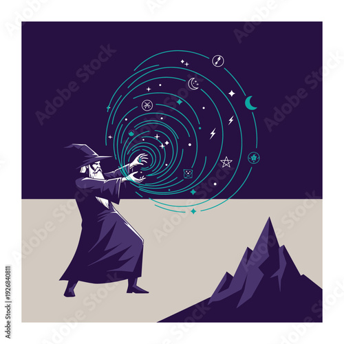 A wizard casting a magical spell in front of a mountain