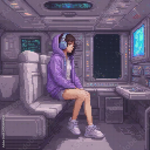 A woman in a purple hoodie is sitting in a space shuttle, listening to music with headphones. The shuttle has a window and a control panel.