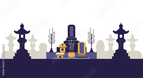 Obon Festival Ancestral Altar with Lanterns and Temple Silhouettes, Traditional Japanese Memorial Ceremony Illustration