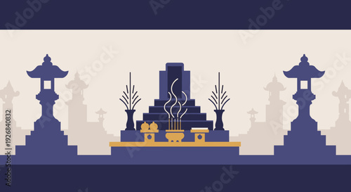 Obon Festival Ancestral Shrine with Incense and Lantern Silhouettes, Traditional Japanese Memorial Ceremony Background