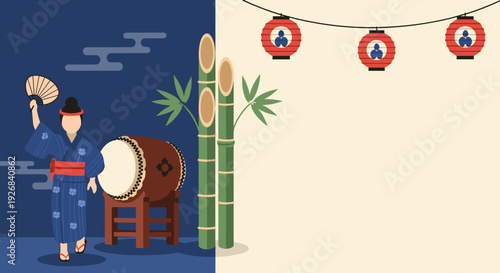 Obon Festival Taiko Drummer with Bamboo Decoration and Lanterns, Traditional Japanese Bon Odori Celebration Background