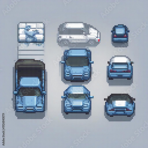 A pixel art image showcases various car models, each with unique features and a distinct background.