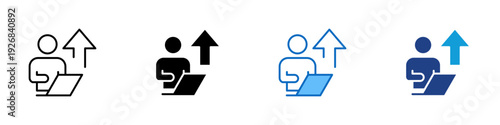 Freelancer Income Multiple Style Icon Design Vector - Person working on laptop with upward arrow representing freelance income, remote career growth, and digital entrepreneurship