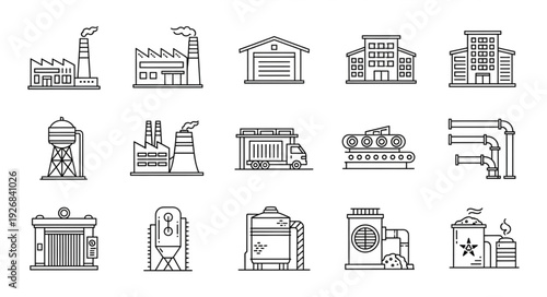 Industrial infrastructure icons representing factories, warehouses, and related structures.