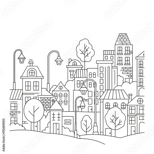 A black and white drawing of a city street