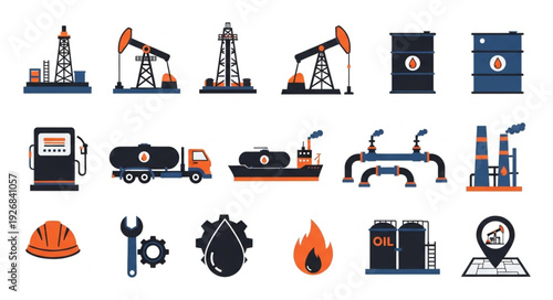 Oil and gas industry icons set, representing various aspects of the sector.