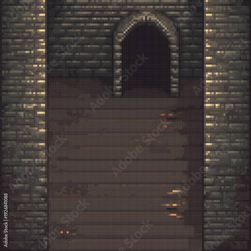 A pixel art image of a dark, narrow passage with a wooden staircase leading to an arched doorway.