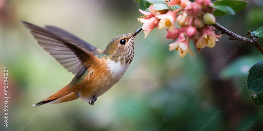 Obraz premium Hummingbird feeds on flowers in garden during sunny afternoon