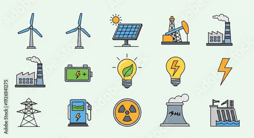 Various energy sources and power generation icons representing sustainable and traditional methods.