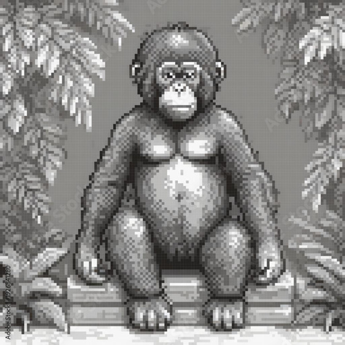 A pixel art image of a gorilla sitting on a bench in a jungle, with a unique feature of its large chest.