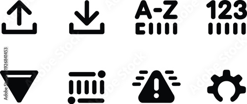 data management icon set featuring upload download alphabetical sorting numerical list filter warning and gear settings symbols for interface.