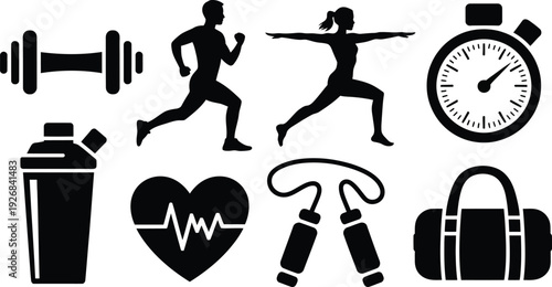 fitness and exercise icon set featuring dumbbell running yoga pose stopwatch protein shaker heart rate jump rope and gym bag.
