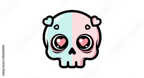 Bicolor skull illustration features split pastel pink and light blue coloring with heart-shaped eyes and small floating hearts above.